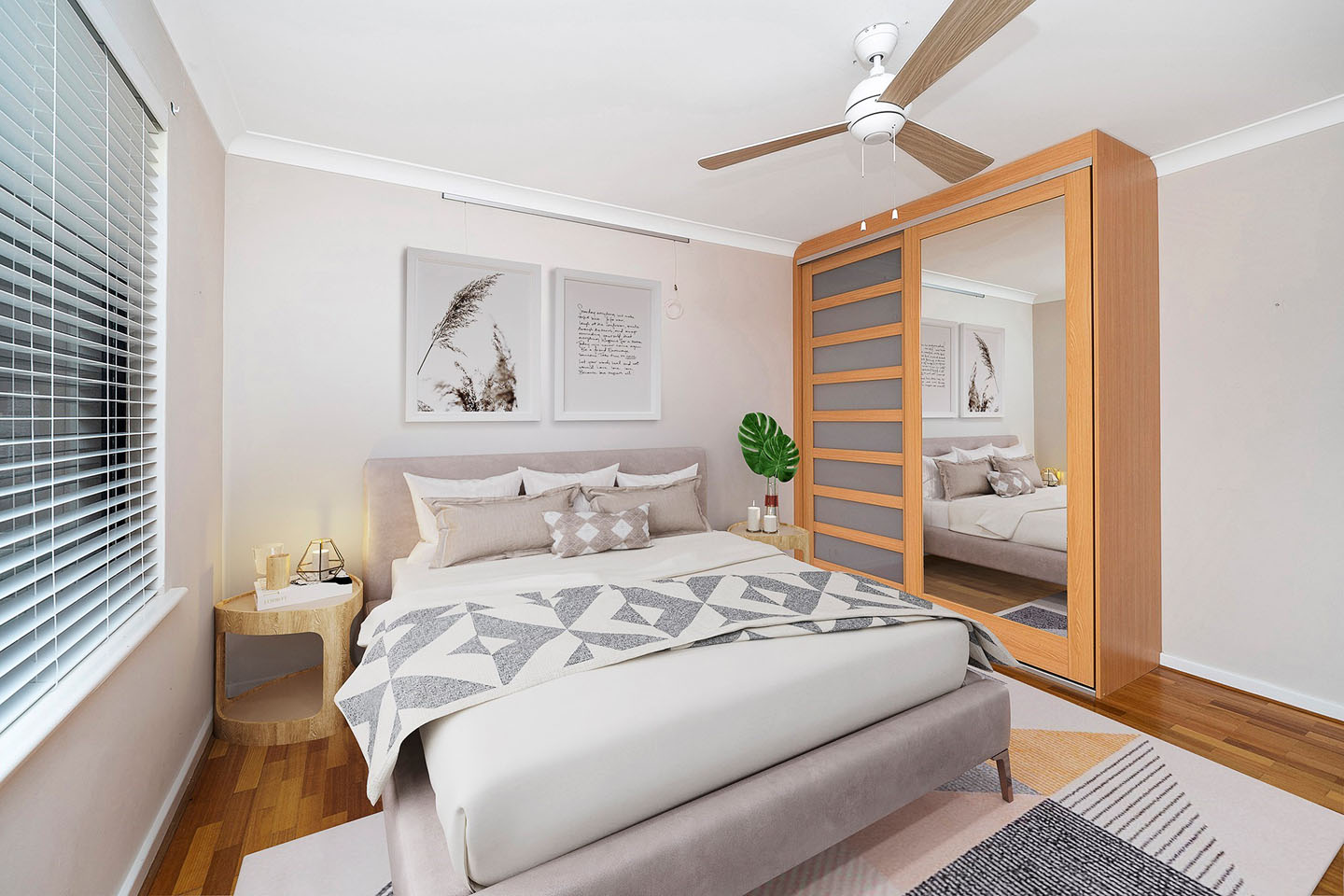 Modern bedroom with neutral decor and wooden accents.
